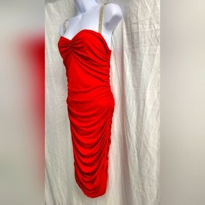 Moda International Lipstick Red Ruched Bodycon Dress Vint 90s Rhinestone Straps